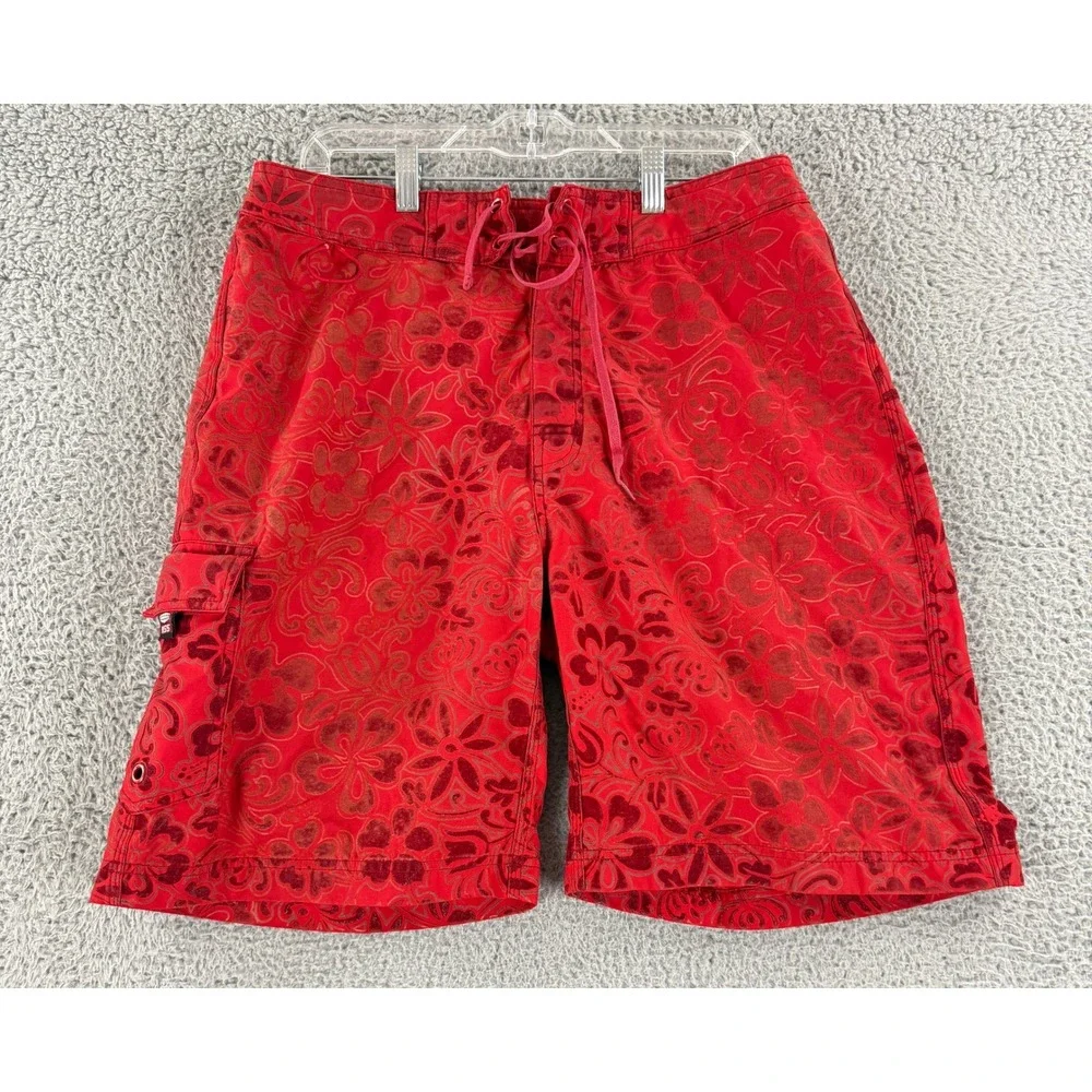 Vintage NSS‎ Board Shorts Mens 34 Red Floral Flocked Hibiscus Cargo Swim Trunks